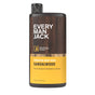 Every Man Jack Body Wash, Sandalwood scent, in a 16.9 fl oz (500 mL) bottle with a dark wood-pattern label, deeply cleans and moisturizes skin. Free of parabens, phthalates, and dyes.