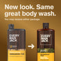 Two bottles of Every Man Jack Hydrating Body Wash for Men, each featuring a different label design, are placed side by side on a brown background. Text reads: New look. Same great hydrating body wash for men. You may receive either package.