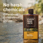 A bottle of Every Man Jack Hydrating Body Wash for Men, a leading men’s moisturizing body wash, stands in shallow outdoor water beside text reading: “No harsh chemicals—no parabens, phthalates, or dyes.”.