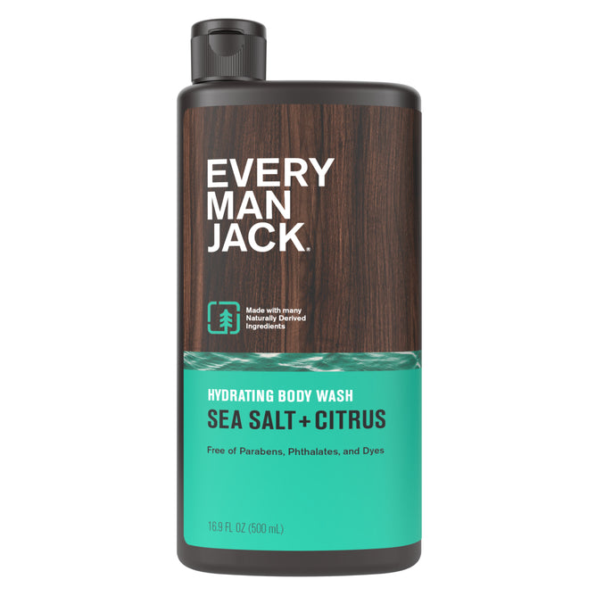 Every Man Jack Body Wash, Sea Salt + Citrus scent, comes in a 16.9 fl oz bottle with a wood-patterned label and teal accents. It deep cleans with naturally-derived ingredients and contains no parabens, phthalates, or dyes.
