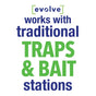 Text reads: Evolve Rat Birth Control Soft Bait Sausages work with traditional traps and bait stations—supporting effective rat population control and integrating innovative solutions like contraceptive bait—in blue and green fonts on a white background.