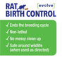 Evolve’s Rat Birth Control Soft Bait Sausages provide effective rat population management with a non-lethal rodent contraceptive formula. Key features include ending the breeding cycle, no messy cleanup, and being safe around wildlife when used as directed—all highlighted in blue, green, and white text with checkmarks.
