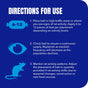Directions for Rat Birth Control Soft Bait Sausages in blue graphic: Apply 6–12 pieces of Evolve Rat Birth Control Soft Bait Sausages wherever rat activity is observed to help reduce the rodent population. Check regularly to maintain an adequate supply and monitor for changes in activity, adjusting placement or amount as needed. Includes eye and rat icons.