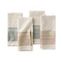 Four folded organic kitchen towels with woven stripe accents in blue, tan, green, and blush pink, arranged on a white background. These absorbent cotton towels are yarn dyed for rich, lasting color and effortless style in your kitchen.