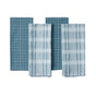 Four blue and white plaid napkins from the Coyuchi Clarendon Organic Kitchen Towels set are arranged in two patterns—two feature thin white lines while the other two have wider white plaid stripes—displayed on a white background. Made from GOTS certified organic cotton, these Coyuchi towels combine style and sustainability for your table setting.