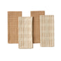 Four folded Coyuchi Clarendon Organic Kitchen Towels are arranged side by side—two in a brown and white checkered pattern, and two in a cream and white checkered pattern. Neatly stacked on a white background, this set of four highlights their GOTS certified cotton for an eco-friendly kitchen experience.