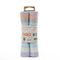 A set of three Full Circle Tidy Dish Cloths, featuring a rolled waffle texture and colorful stripes, comes wrapped in a labeled sleeve with eco-friendly features and care instructions.