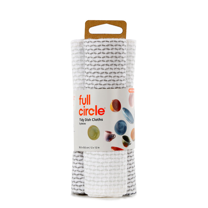Full Circle Tidy Dish Cloths come in a rolled pack of organic cotton with a white and gray pattern, wrapped in a label with colorful circles and topped with a brown cardboard hanging tab for display.