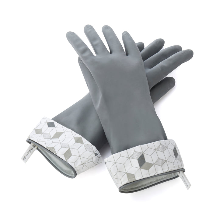 The Full Circle High & Dry Cleaning Gloves, featuring gray rubber and white-gray geometric-patterned cuffs, are shown crossed on a white background.