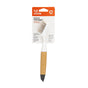 The Full Circle Micro Manager Detail Brush is a kitchen cleaning tool with a bamboo handle, white body, bristles on one end, and a pointed black scraper on the other—all in original packaging.