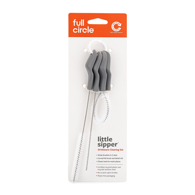 The Full Circle Little Sipper - Drinkware Cleaning Brush Set includes three brushes with gray handles and white bristles, ideal for cleaning straws, lids, and small bottles.