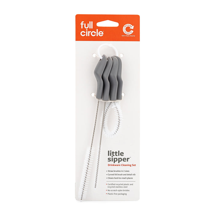 The Full Circle Little Sipper - Drinkware Cleaning Brush Set includes three brushes with gray handles and white bristles, ideal for cleaning straws, lids, and small bottles.