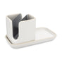 The Full Circle Ceramic Sinkside Caddy features a modern white ceramic design with a grey divider and comes with a matching rectangular tray, making it the ideal dish soap organizer for your countertop.
