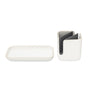 The Full Circle Ceramic Sinkside Caddy features a white rectangular tray paired with a matching upright holder and gray divider, all set against a white background, creating a sleek modular organizer perfect for keeping your sink area tidy.