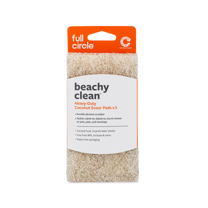 Full Circle Beachy Clean Coconut Scour Pads (3 pack) in a white and orange wrapper, featuring eco-friendly materials and strong scrubbing power for tough cookware messes.
