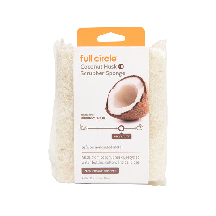 A package of Full Circle Heavy Duty Coconut Scrubber Sponge, plant-based and safe for noncoated metal, features a visible sponge and coconut image through clear packaging.