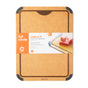 A rectangular Full Circle Chop cutting board, tan with a textured surface, rounded corners, and dark brown edges. Its BPA-free, recyclable, and dishwasher safe. An orange label highlights its convenience and safety.