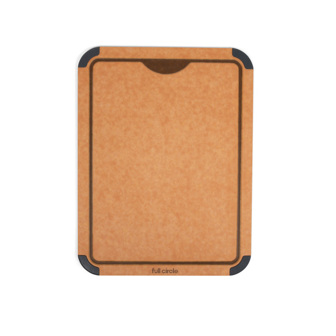A rectangular brown cutting board with rounded corners, black edges, and a small semicircular notch at the top. The board has the words full circle printed near the bottom edge.