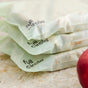 Three compostable zipper sandwich bags from Full Circle are stacked on a countertop, with part of a red apple visible on the right side.