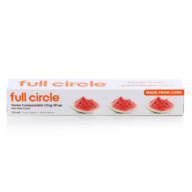 A box of Full Circle Certified Compostable Cling Wrap (150 sq ft) with a slide cutter, featuring watermelon slice images. The eco-friendly packaging highlights it's made from corn and is home compostable.