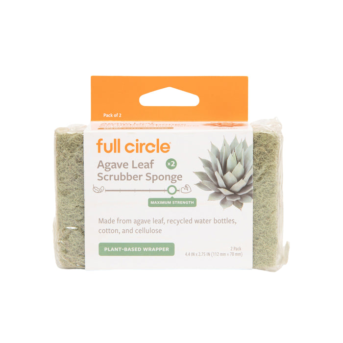 Full Circle Agave Leaf Scrubber Sponges Pack includes two agave sponges in a plant-based wrapper with an agave leaf design. Made from recycled materials, they offer maximum strength and effective abrasion for cleaning cast iron.