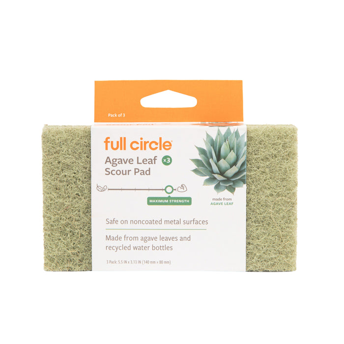Full Circle Agave Leaf Scour Pads are eco-friendly, made from agave fibers and recycled bottles. Safe for noncoated metal surfaces, each pack contains three cleaning pads.