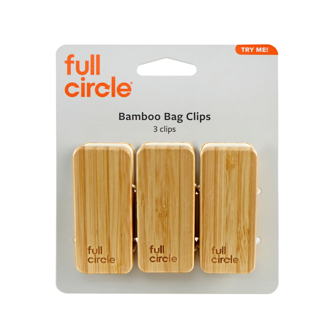 Three Full Circle Bag Clips made from sustainable bamboo are neatly packaged and displayed on a white background. The package reads "Bag Clip," includes three clips, and features an orange "TRY ME!" label in the top right corner.