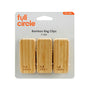 Three Full Circle Bag Clips made from sustainable bamboo are neatly packaged and displayed on a white background. The package reads "Bag Clip," includes three clips, and features an orange "TRY ME!" label in the top right corner.