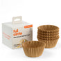 A box labeled “Full Circle FSC Certified Cupcake Liners” sits next to a stack of brown, fluted liners, with one in front. The box shows it contains 100 baking cups for cupcakes.