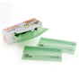 A Full Circle Compostable Zipper Snack Bags box sits on a white background with two green, freezer-safe resealable snack bags partially pulled out and placed beside it.
