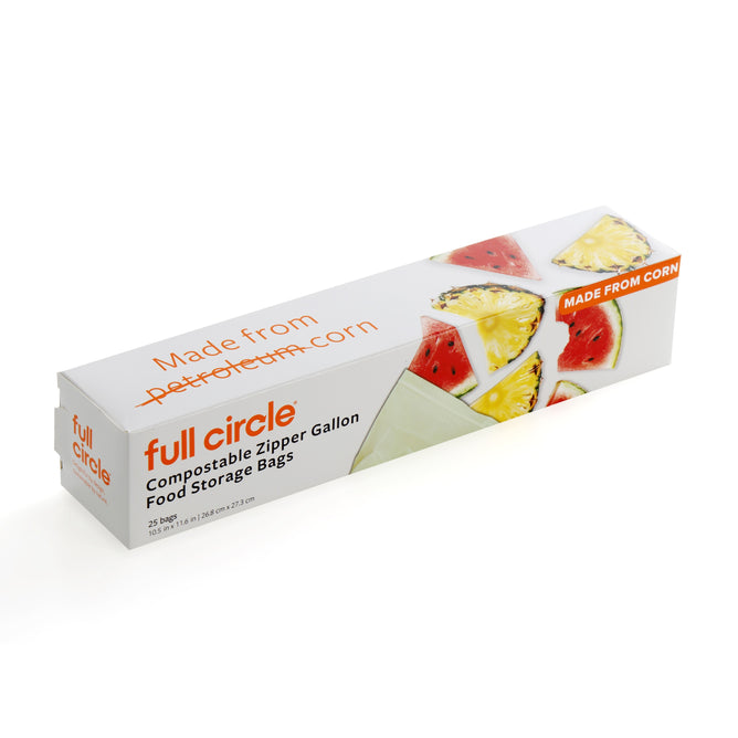 A box of Full Circle Compostable Zipper Gallon Bags for sustainable food storage, labeled "Made from Corn," with images of fruit slices and white and orange text on a white background.