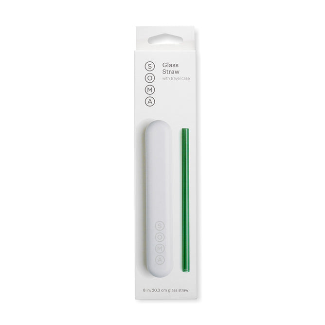 A package includes a teal Soma Glass Travel Straw and white travel case from Full Circle. The eco-friendly set comes in white packaging labeled reusable glass straw with travel case—perfect for sustainable sipping on the go.