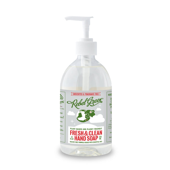 Rebel Green Fresh & Clean Hand Soap comes in a clear pump bottle with a white label featuring green and red text, a green globe graphic, and highlights that it’s unscented, nourishing, plant-based, and fragrance-free.