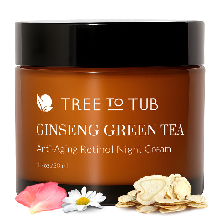 A jar of Tree To Tub Anti-Aging Hyaluronic Acid & Retinol Night Cream with flower petals, a daisy, and ginseng slices arranged around it for a soothing anti-aging night routine.