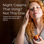 A woman with curly red hair applies cream from an orange jar. White text highlights Tree To Tub Anti-Aging Hyaluronic Acid & Retinol Night Cream, targeting aging gently without harsh side effects.