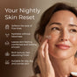 Woman smiling while applying Tree To Tub Anti-Aging Hyaluronic Acid & Retinol Night Cream to her cheek, next to icons for hydration, smoothing fine lines, fast absorption, and all skin types. Text and icons are displayed beside her.