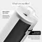 The Canopy Faucet Filter (2 pack) features a labeled diagram showing its white micro mesh pre-filter and black coconut shell fiber carbon block stage, which reduce chlorine and contaminants for filtered water. NSF-42 certified.