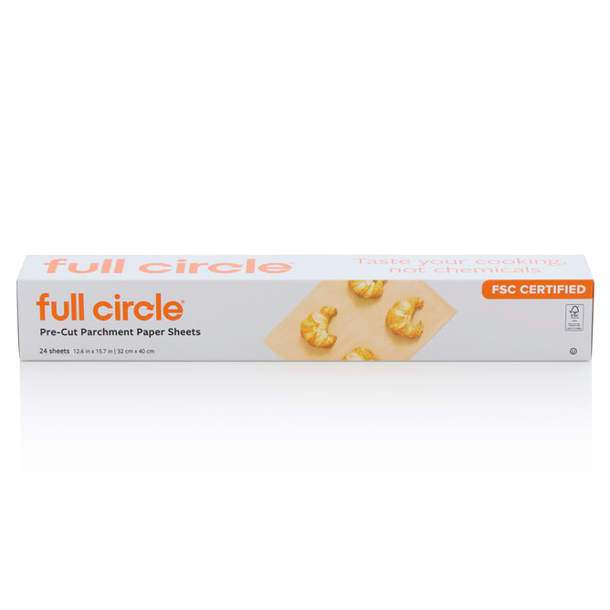 Full Circle Parchment Paper Sheets - Half Sheets come in a white box with orange accents and an image of pastries. FSC certified, non-toxic silicone coated, they're perfect for half-sheet pans.