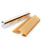 A roll of brown parchment paper is partially unrolled next to a box with cookies. Full Circle Parchment Paper Sheets - Half Sheets are non-stick and perfect for lining your half-sheet pan when baking.