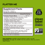 A yellow FLATTER ME FAST supplement label by HUM Nutrition lists digestive enzymes, herbs for bloat relief, and certifications for ocean plastic, clean label, non-GMO, and vegan—all in black and white text.