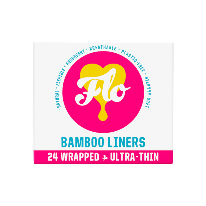 A box of Here We Flo FLO Bamboo Daily Liners, Wrapped—24 ultra-thin, hypoallergenic, natural organic panty liners that are absorbent, breathable, plastic-free, and individually wrapped. Features a yellow heart and pink circle design.