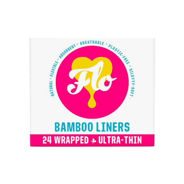 A box of Here We Flo FLO Bamboo Daily Liners, Wrapped—24 ultra-thin, hypoallergenic, natural organic panty liners that are absorbent, breathable, plastic-free, and individually wrapped. Features a yellow heart and pink circle design.