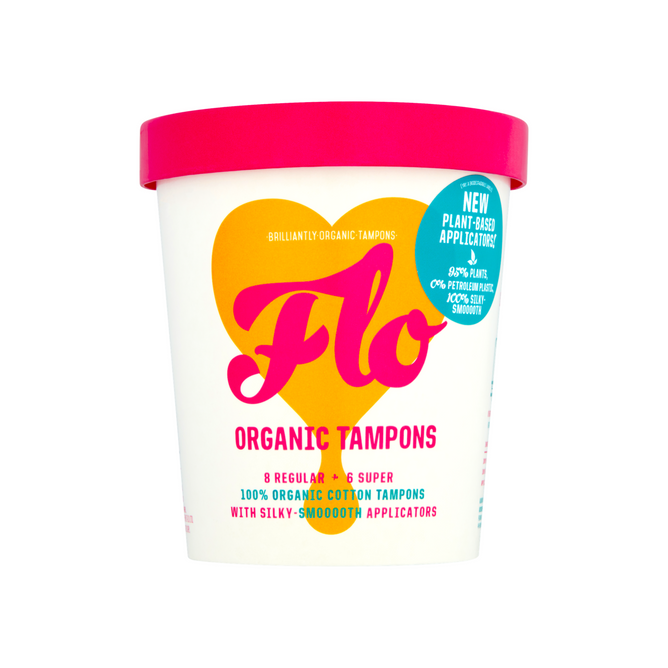 A container of Here We Flo FLO Eco-Applicator Organic Cotton Tampons, Reg/Sup Combo Pack, features pink and yellow branding with a heart graphic and pink lid. Contains 8 regular and 6 super tampons with eco-smooth applicators for every flow.
