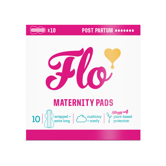 A package of Flo Maternity Pads, post partum, with pink and gold text. Includes icons for “10 wrapped extra long,” “cushiony comfy,” and “silky soft plant-based protection.”.
