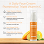 An orange bottle of Tree To Tub Brightening Face Moisturizer - Triple Vitamin C is shown with oranges and leaves. Text notes: brightens skin, triple vitamin C blend, hydrates, absorbs fast, non-greasy, and makeup-friendly.