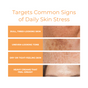 Infographic with text highlights common signs of daily skin stress—dullness, uneven tone, dryness, and greasiness—with images, tips, and close-ups on how Tree To Tub Brightening Face Moisturizer - Triple Vitamin C can help.