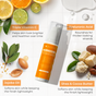 Tree To Tub’s Brightening Face Moisturizer - Triple Vitamin C is shown with citrus, leaves, nuts, and cream, highlighting the radiance-boosting benefits of Vitamin C, Hyaluronic Acid, Jojoba Oil, and Shea & Cocoa Butter for healthy-looking skin.