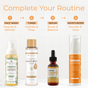 An infographic titled Complete Your Routine displays four Tree To Tub products in order: face wash, toner, serum, and the Brightening Face Moisturizer - Triple Vitamin C—an anti-aging cream—each with its step, description, and product image.