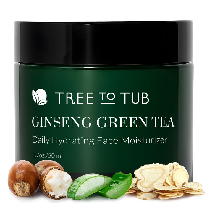 A jar labeled Deep Hydrating Face Moisturizer for Sensitive Skin with Green Tea by Tree To Tub, shown with shea nuts, aloe vera, ginseng slices, and soapberry in front.