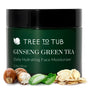 A jar labeled Deep Hydrating Face Moisturizer for Sensitive Skin with Green Tea by Tree To Tub, shown with shea nuts, aloe vera, ginseng slices, and soapberry in front.
